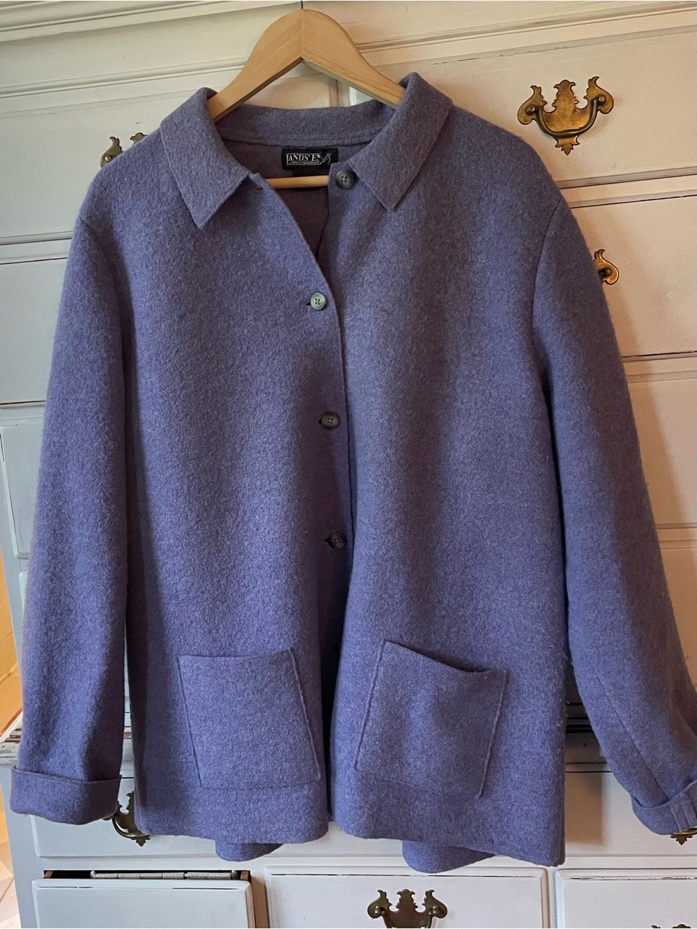 Lands' End Boiled Wool cardigan Jacket Collared Button Front Pockets Lavender